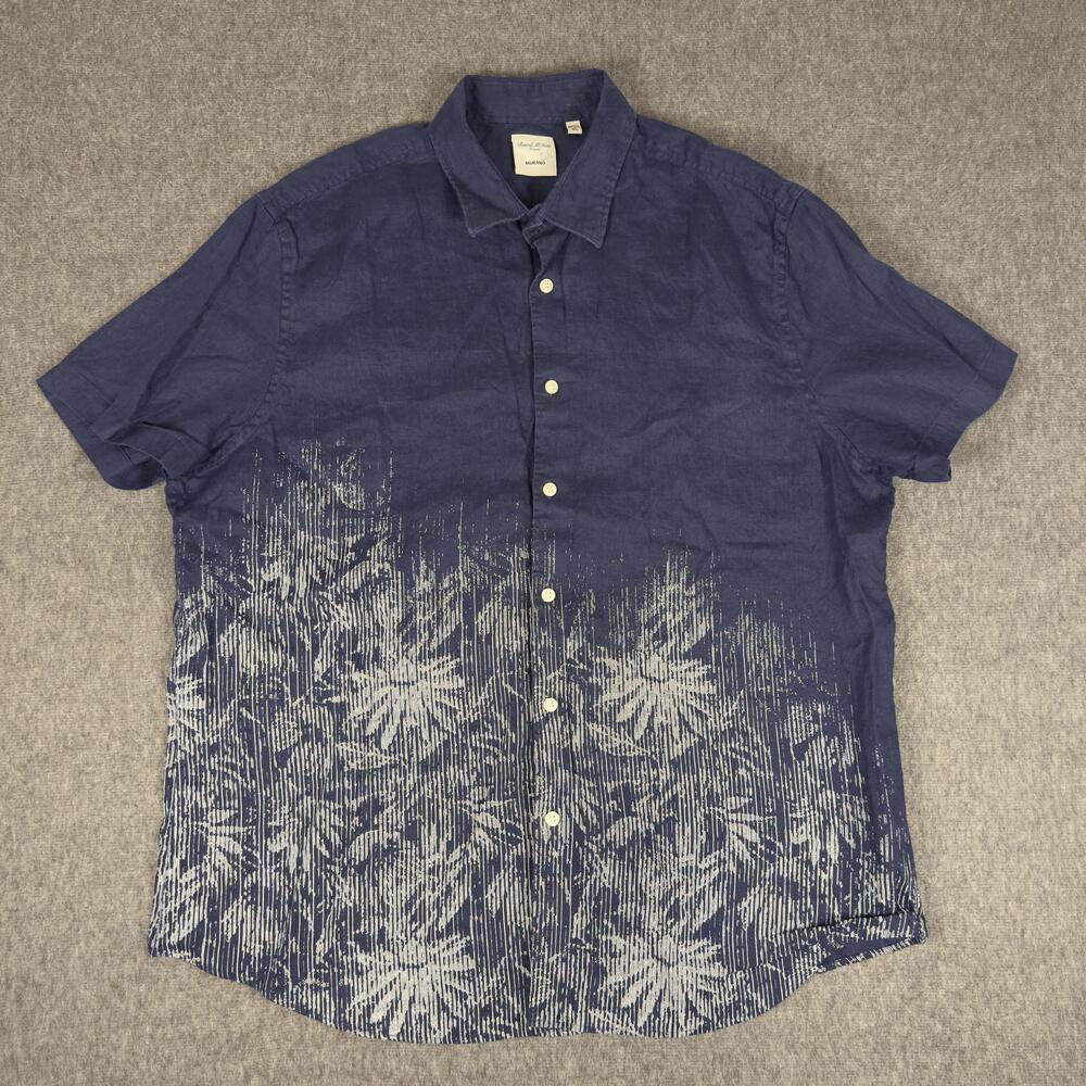 Murano Baird McNutt Linen Shirt Mens XL Blue Floral Short Sleeve Button Up